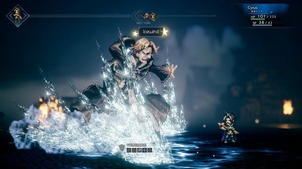 Screenshot from Octopath Traveler showing a character casting the Icewind spell during battle, with icy effects surrounding them.