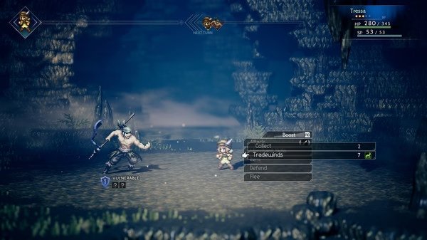 Octopath Traveler screenshot: Tressa faces a horned creature in a cavern. Menu options include Collect and Tradewinds.