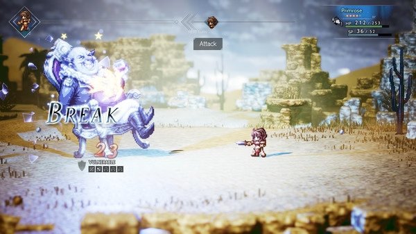 Screenshot from Octopath Traveler showing Primrose facing a large enemy in a desert landscape, with "Break" displayed.