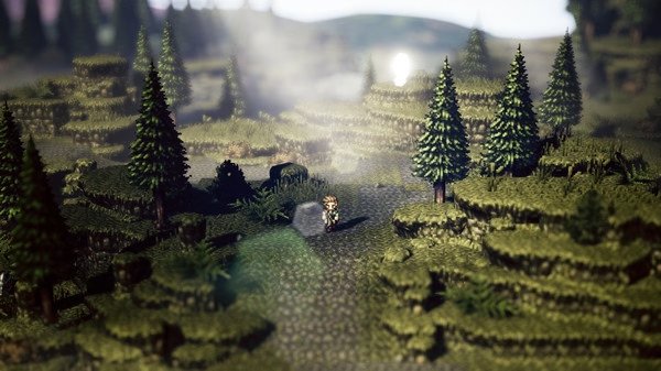 A screenshot from Octopath Traveler showing a character walking through a lush, sunlit forest with pixelated trees and hills.