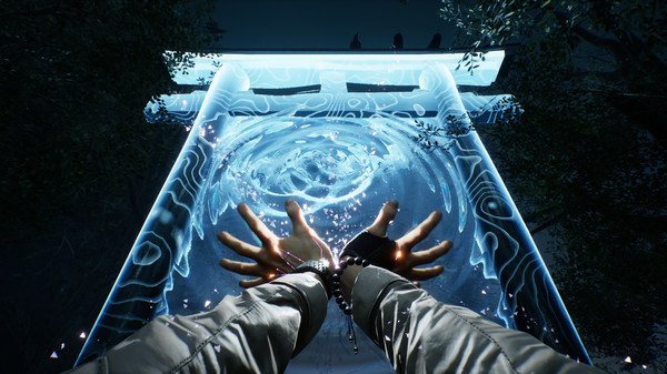 Screenshot from Ghostwire: Tokyo showing a character's hands casting a spell towards a glowing, mystical gate.