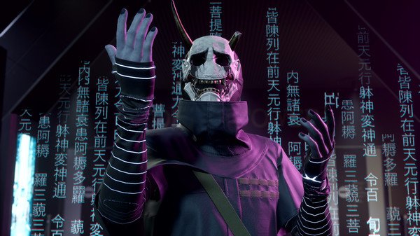 A screenshot from Ghostwire: Tokyo showing a masked, horned figure surrounded by glowing, vertical Japanese text.