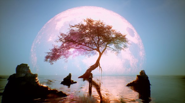 A screenshot from Ghostwire: Tokyo showing a lone tree surrounded by water, illuminated by a glowing moon in the background.