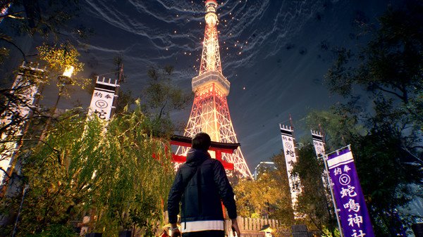 Ghostwire: Tokyo screenshot of a character facing a glowing tower under a swirling night sky, surrounded by trees and banners.
