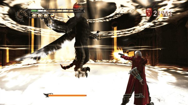 Screenshot from Devil May Cry HD Collection showing Dante in a red coat firing at a dark winged enemy in a glowing arena.