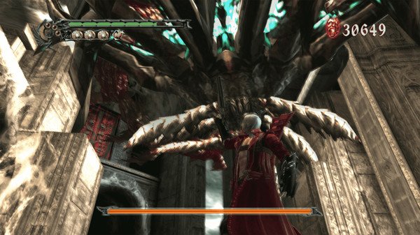 Dante in a red coat faces a giant creature in the Devil May Cry HD Collection screenshot, with a health bar visible.