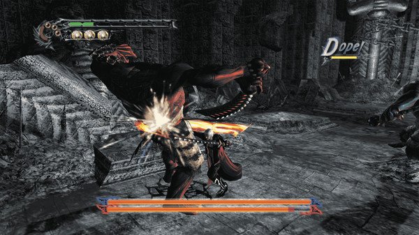 Screenshot from Devil May Cry HD Collection showing a character battling a demon with fiery sword effects in a dark, ruined setting.