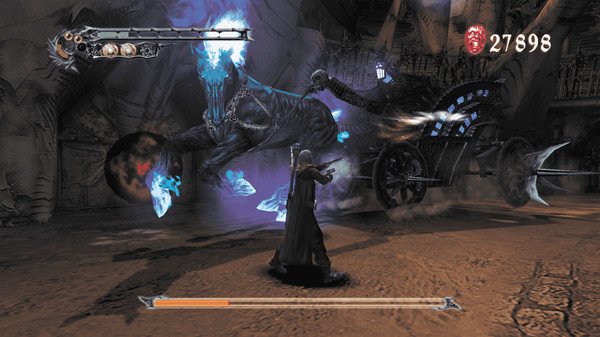 Screenshot from Devil May Cry HD Collection showing a character battling a large, glowing blue fiery horse in a dark environment.