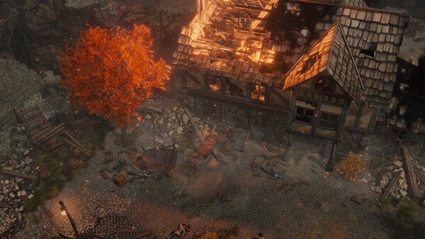 Screenshot from Pathfinder: Wrath of the Righteous showing a burning building with a vibrant orange tree nearby.