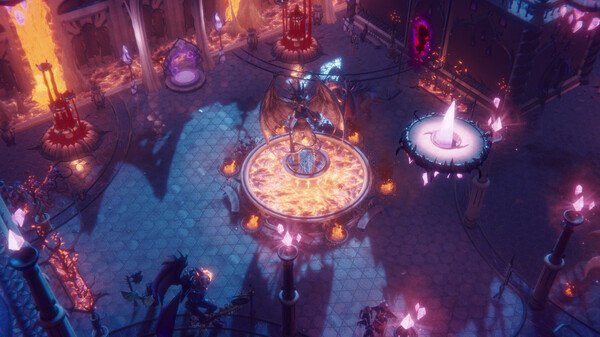 Screenshot from Pathfinder: Wrath of the Righteous showing a large demon in a fiery, mystical chamber surrounded by glowing crystals.