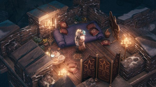 Screenshot from Pathfinder: Wrath of the Righteous showing a cozy, candlelit room with a character standing by a bed surrounded by cushions.