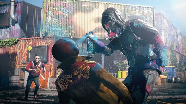 Screenshot from Watch Dogs: Legion showing a hooded character spray-painting another person in a graffiti-covered alley.