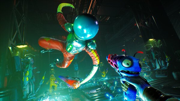 High On Life screenshot: A colorful alien weapon is aimed at a leaping enemy in a dark, futuristic industrial setting.