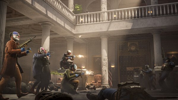 PAYDAY 3 screenshot showing masked players in a bank lobby engaged in a firefight with police, surrounded by fallen bodies and gunfire.