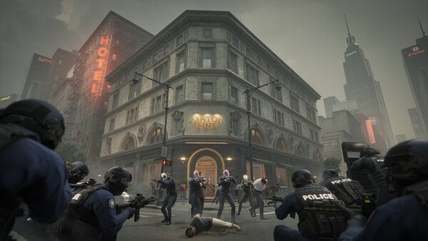 PAYDAY 3 screenshot: Armed police confront masked robbers outside a large building as a civilian lies on the ground.