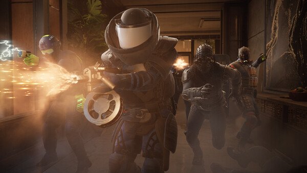 PAYDAY 3 screenshot: Group of armed characters in tactical gear, one firing a weapon with visible muzzle flash in a dimly lit corridor.