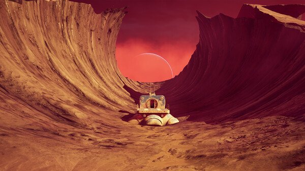 Screenshot from 'The Invincible' showing a rover navigating a dramatic canyon landscape under a red sky with a distant planet visible.