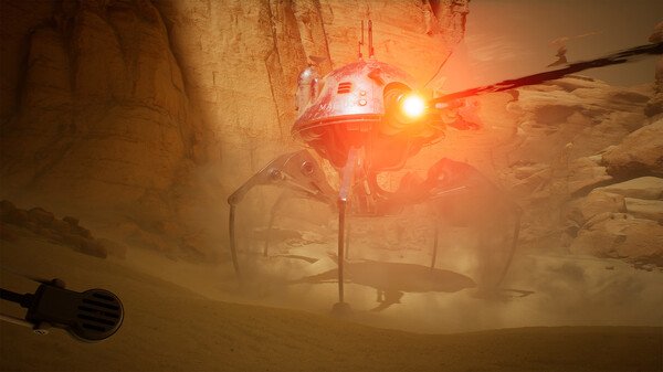 A screenshot from The Invincible showing a large, glowing red robotic machine with multiple legs in a desert canyon setting.