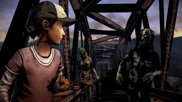 A screenshot from The Walking Dead: The Telltale Definitive Series showing a character on a bridge pursued by two zombies.