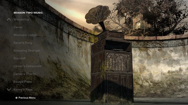Screenshot from The Walking Dead: The Telltale Definitive Series showing a rusted gramophone in a desolate outdoor environment.