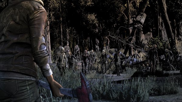 Clementine holds an axe facing a group of walkers in a forest. Screenshot from The Walking Dead: The Telltale Definitive Series.