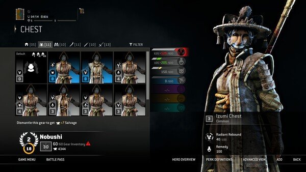 For Honor screenshot: Nobushi character in inventory menu with various gear options displayed on screen.