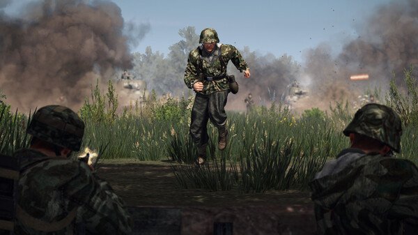 Call to Arms - Gates of Hell: Ostfront screenshot showing a soldier running through grass amidst explosions and gunfire.