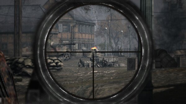 Call to Arms - Gates of Hell: Ostfront screenshot showing a sniper scope aiming at a distant vehicle in a war-torn town.