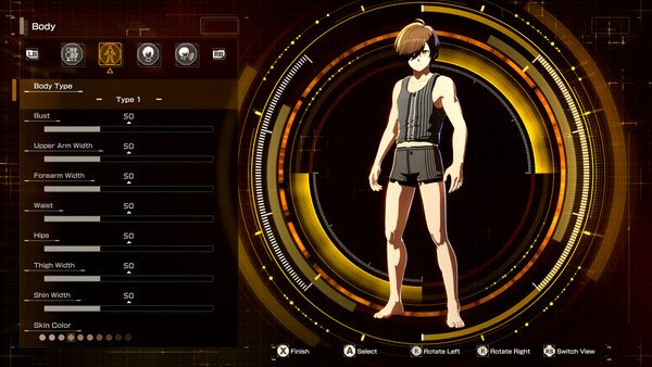 Character customization menu from Echoes of Aincrad, showing a male avatar with adjustable body settings in this screenshot.