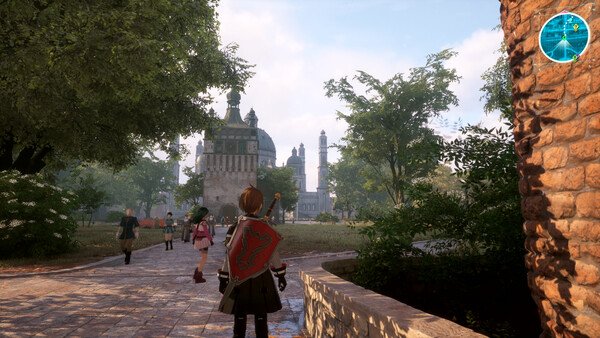 A screenshot of Echoes of Aincrad showing characters walking in a sunlit medieval city square with trees and historic buildings.