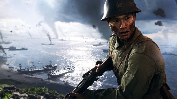 A Battlefield V screenshot showing a soldier holding a rifle, overlooking a battlefield with ships and smoke-filled skies in the distance.