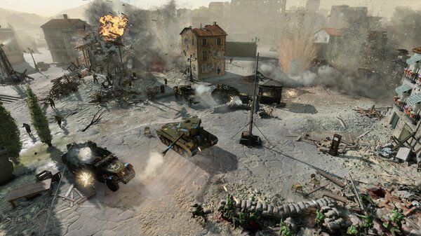 Company of Heroes 3 screenshot showing tanks advancing through a war-torn city, with explosions and debris scattered across the battlefield.