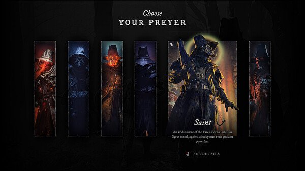 Witchfire screenshot: Character selection screen displaying various Preyer options, with "Saint" highlighted as the chosen Preyer.