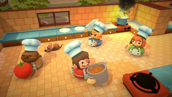 Overcooked screenshot: Four chefs in a kitchen, one holding a pot, another a tomato, with a boiling pot on the stove.