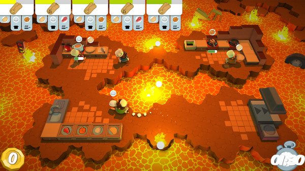 Overcooked screenshot: Chefs navigate a kitchen surrounded by lava, preparing meals with visible ingredients.