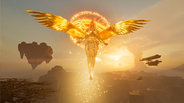 Soul Mask screenshot: A glowing, winged figure ascends into a golden sky with floating islands and ships in the background.
