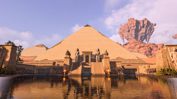 Screenshot from Soul Mask showing a grand pyramid with ancient statues, surrounded by a reflective water body and rocky landscape.