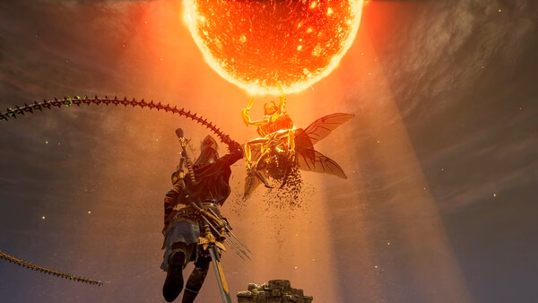 A screenshot from Soul Mask shows a warrior leaping toward a glowing fiery entity under a bright, burning sun.