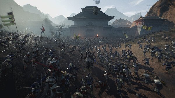 Screenshot from Dynasty Warriors: Origins showing a large-scale battle with soldiers charging towards a fortress.