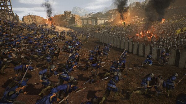 Dynasty Warriors: Origins screenshot of a large-scale battle. Armored soldiers clash near burning fortifications under a cloudy sky.