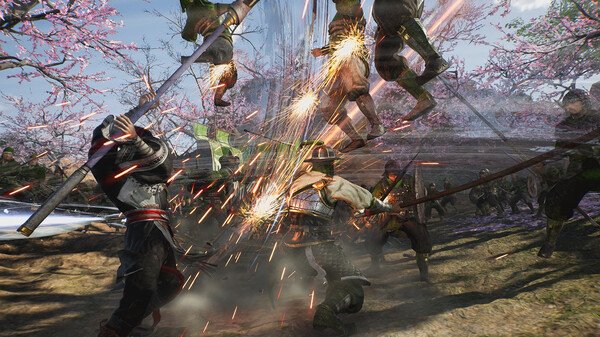 A Dynasty Warriors: Origins screenshot showing intense combat as warriors clash amidst a field of cherry blossoms.
