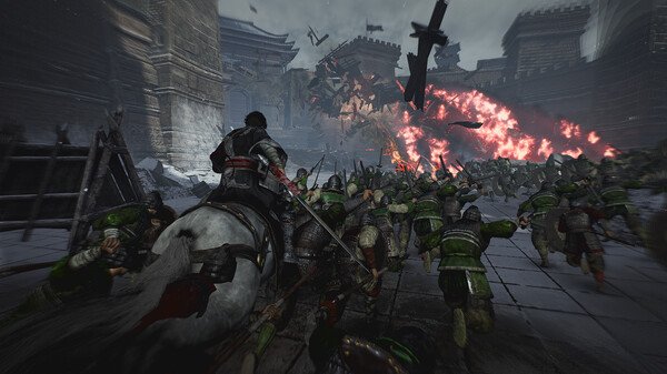 Dynasty Warriors: Origins screenshot: A warrior on horseback leads troops into battle against fiery chaos in a fortress courtyard.