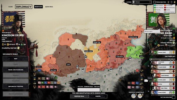 Screenshot from Total War: Three Kingdoms showing a diplomatic negotiation screen with a map and character portraits.