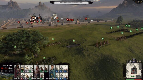 Screenshot of Total War: Three Kingdoms showing an army preparing to siege a fortress surrounded by mountains and grassy plains.