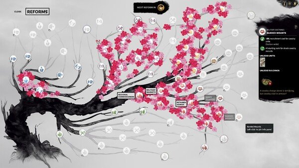 Total War: Three Kingdoms screenshot showing the reforms tree with vibrant cherry blossoms and unlockable upgrades.