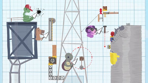 Ultimate Chicken Horse screenshot: Animals with tools navigate obstacles on a tower, aiming to reach the goal in a construction-themed level.