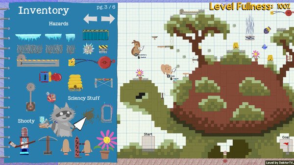 Screenshot from Ultimate Chicken Horse showing a level editor with a giant turtle and inventory items on the left.