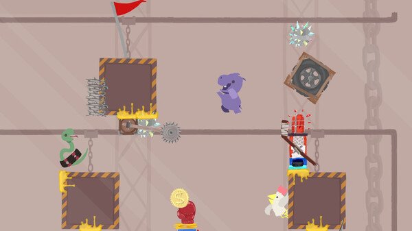 Screenshot of Ultimate Chicken Horse featuring a purple koala, a chicken, and a snake navigating a platforming obstacle course.