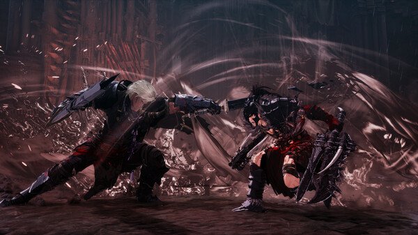 Screenshot from 'The First Berserker: Khazan', showing two armored warriors clashing swords in a dynamic, intense battle scene.