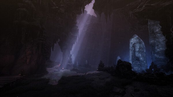 Screenshot from The First Berserker: Khazan showing a dimly lit cave with glowing crystals and a beam of light shining through.
